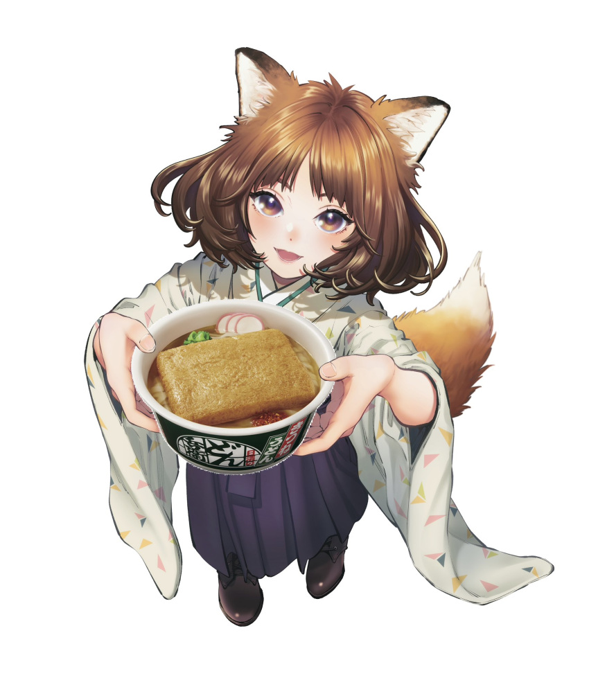 1girl animal_ears blush boots brown_eyes brown_hair commentary_request don_gitsune donbee_(food) fox_ears fox_girl fox_tail from_above full_body high_heel_boots high_heels highres looking_at_viewer meiji_schoolgirl_uniform mori_taishi nissin official_art open_mouth original short_hair simple_background smile solo tail white_background