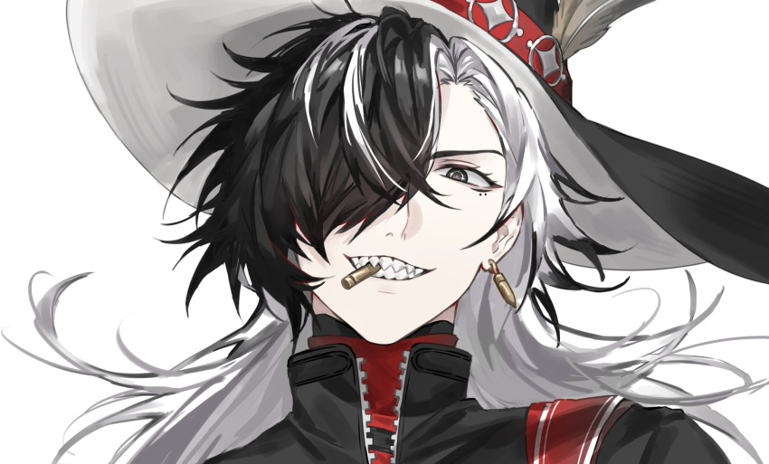 1boy black_eyes black_hair black_hat black_jacket boothill_(honkai:_star_rail) bullet_earrings bullet_in_mouth commentary cowboy_hat crosshair_pupils grin hair_over_one_eye hat hat_feather highres honkai:_star_rail honkai_(series) jacket large_hat long_hair looking_at_viewer male_focus mole mole_under_eye multicolored_hair multiple_moles red_pupils red_shirt rio_(rio773) sharp_teeth shirt simple_background smile solo streaked_hair teeth unzipped very_long_hair white_hair
