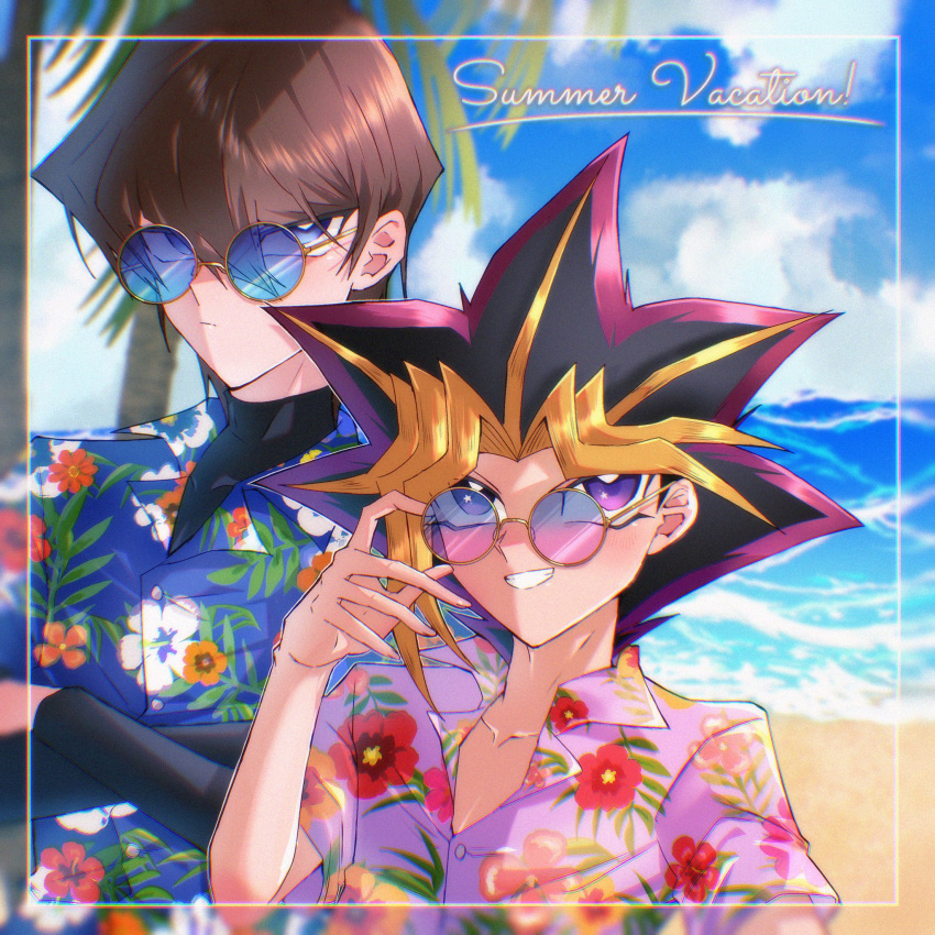 2boys beach black_hair blonde_hair blue-tinted_eyewear blue_eyes blue_shirt brown_hair collarbone crossed_arms english_text fk_0046 floral_print highres kaiba_seto male_focus multicolored_hair multiple_boys ocean parted_lips pink_shirt purple-tinted_eyewear purple_hair sand shirt smirk sunglasses tinted_eyewear violet_eyes yu-gi-oh! yu-gi-oh!_duel_monsters