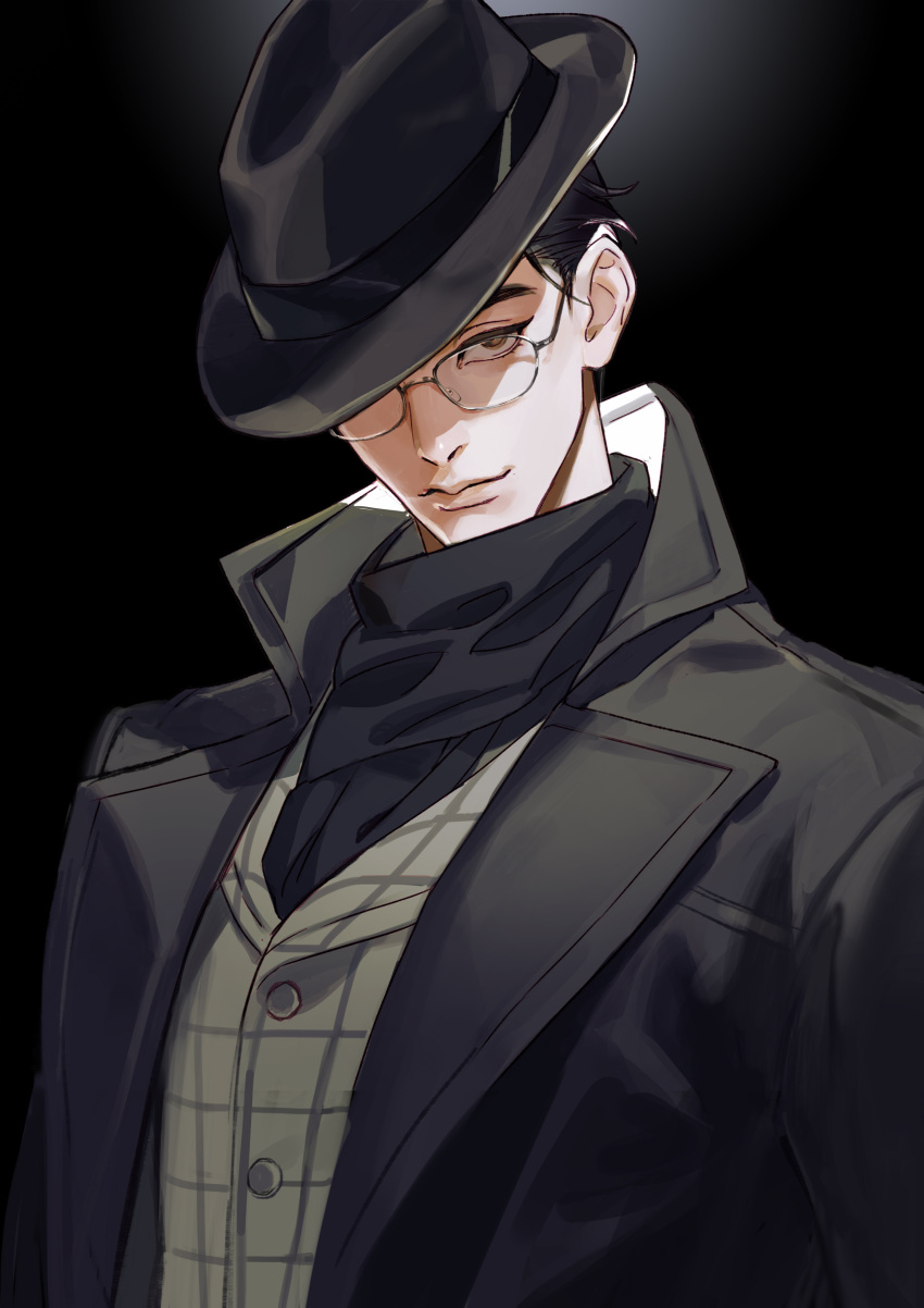 1boy absurdres black_background black_hair black_hat black_scarf character_request closed_mouth coat elrohirz formal glasses grey_coat grey_vest hashtag-only_commentary hat hat_over_one_eye highres long_sleeves looking_at_viewer lord_of_the_mysteries male_focus one_eye_covered scarf short_hair smile solo upper_body vest