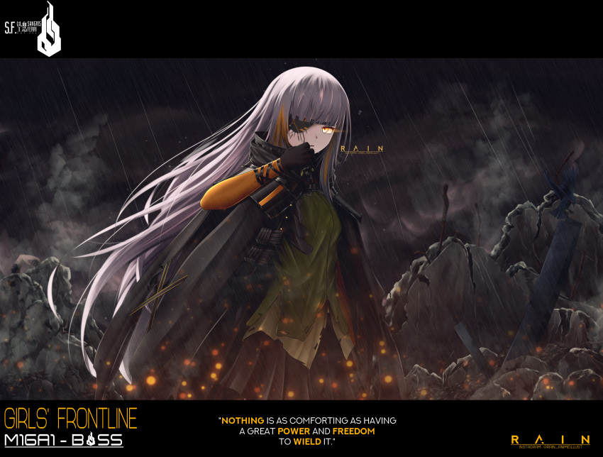 absurdres black_jacket black_skirt clenched_hand eyepatch girls_frontline highres jacket long_hair long_sleeves looking_at_viewer m16a1_(boss)_(girls'_frontline) m16a1_(girls'_frontline) mole mole_under_eye multicolored_hair rain rain_(acog) ruins scar shirt skirt solo water_drop white_hair yellow_eyes yellow_shirt