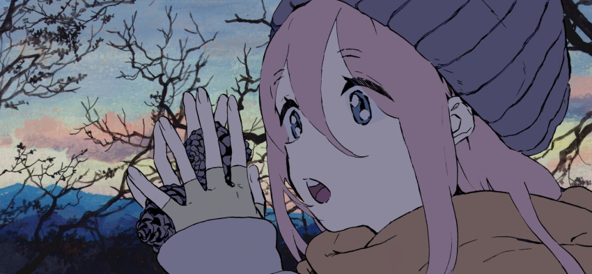 1girl :o bare_tree beanie blue_eyes clouds coat commentary dusk fingerless_gloves gloves grey_hat hair_between_eyes hands_up hat highres holding kagamihara_nadeshiko long_hair long_sleeves mountainous_horizon mtn open_hands open_mouth orange_scarf outdoors pinecone pink_hair portrait raised_eyebrows scarf sky solo symbol-only_commentary teeth three_quarter_view tree upper_teeth_only winter winter_clothes winter_coat yellow_gloves yurucamp