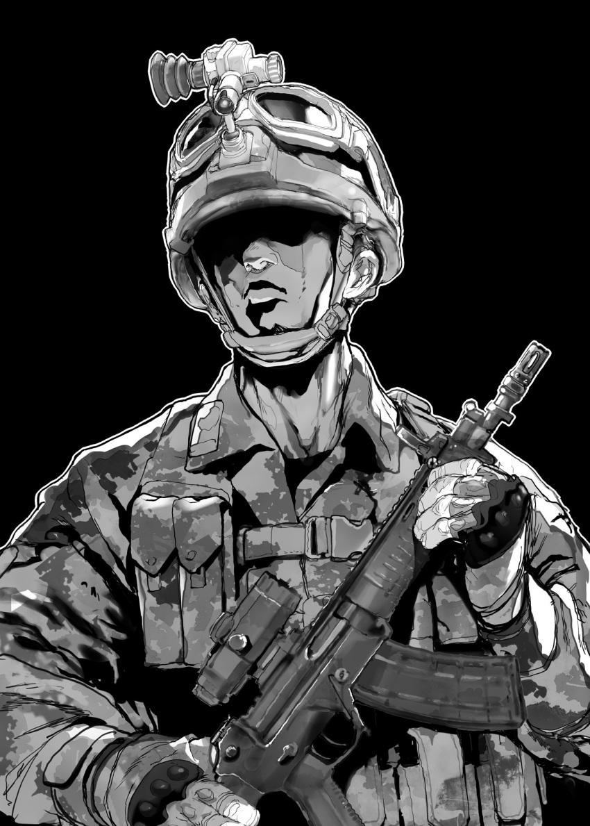 1boy assault_rifle camouflage check_weapon combat_helmet commentary_request expressionless greyscale gun helmet highres holding holding_gun holding_weapon male_focus military mochi_(circle_rin) monochrome night_vision_device original people's_liberation_army qbz-191 rifle shaded_face soldier solo upper_body weapon