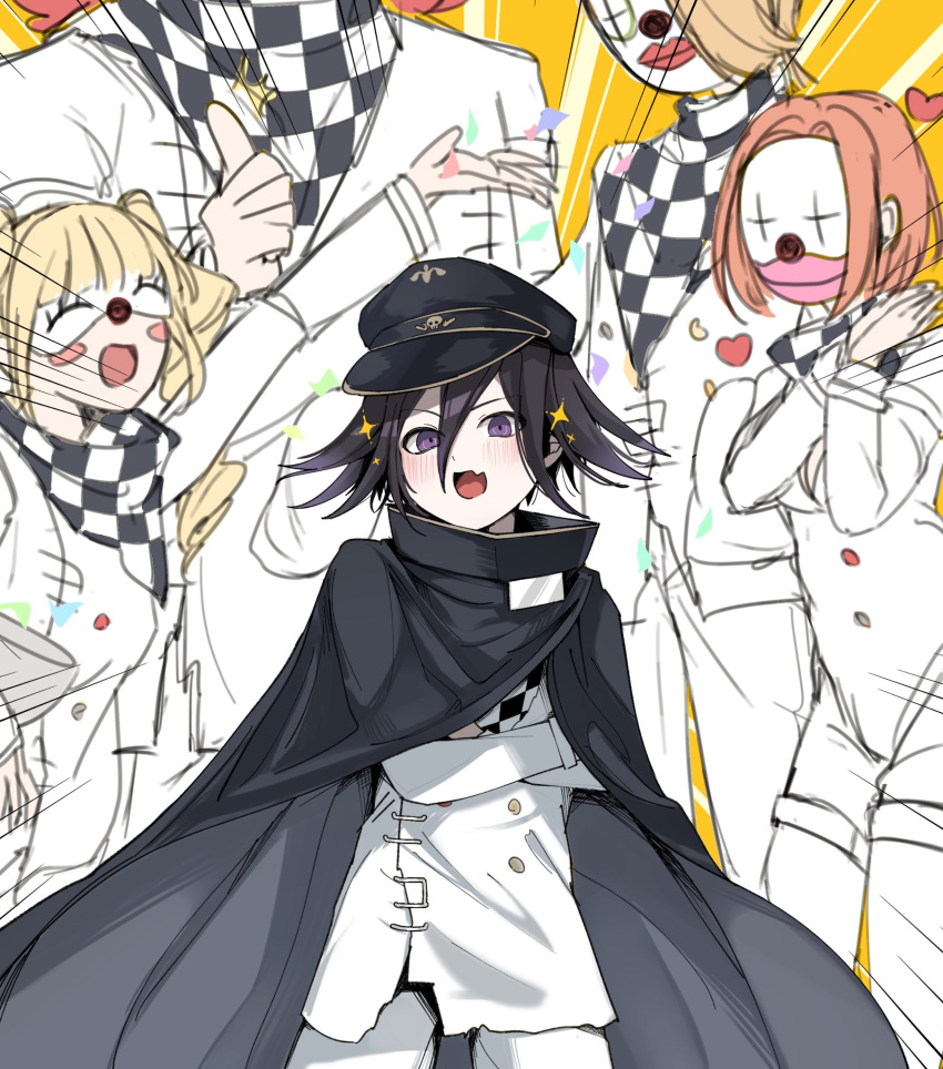 2girls 3boys black_cape blush cape checkered_clothes checkered_scarf clown_mask commentary_request crossed_arms danganronpa_(series) danganronpa_v3:_killing_harmony fang hair_between_eyes happy hat heart highres male_focus mask multiple_boys multiple_girls no? oma_kokichi open_mouth purple_hair scarf short_hair sketch skin_fang smug sparkle standing straitjacket violet_eyes yellow_background