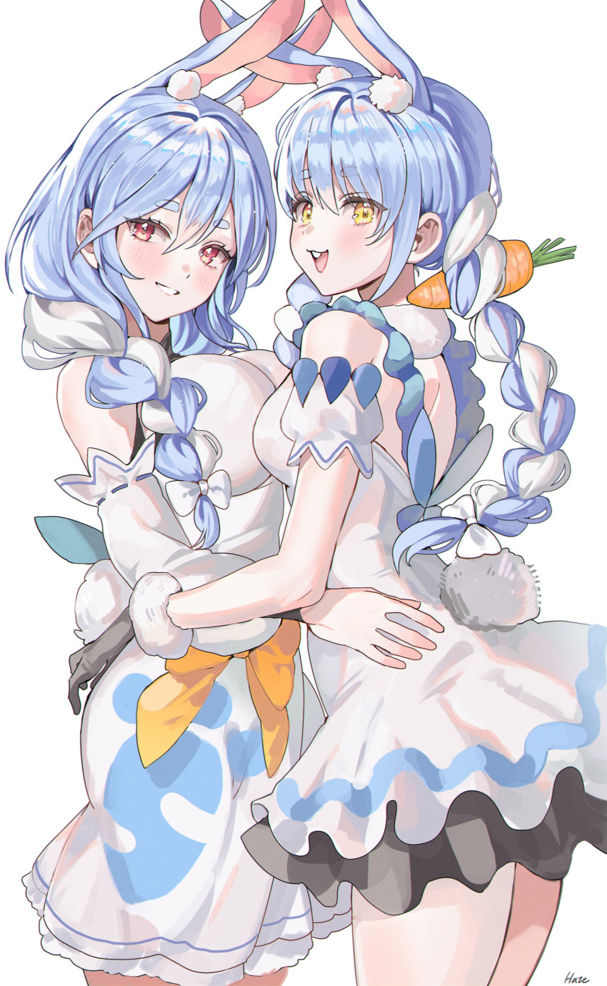2girls :d absurdres animal_ear_fluff black_gloves blue_hair bow braid breasts carrot carrot_hair_ornament choppy_bangs cropped_legs detached_sleeves double-parted_bangs dress food-themed_hair_ornament frilled_dress frills gloves hair_between_eyes hair_ornament hand_on_another's_hip highres hololive large_breasts long_hair looking_at_viewer mature_female medium_breasts mother_and_daughter multicolored_hair multiple_girls ohw8g orange_bow pekomama rabbit_girl rabbit_tail red_eyes sidelocks single_braid smile tail thick_eyebrows twin_braids two-tone_hair usada_pekora usada_pekora_(1st_costume) virtual_youtuber white_background white_bow white_dress white_hair yellow_eyes