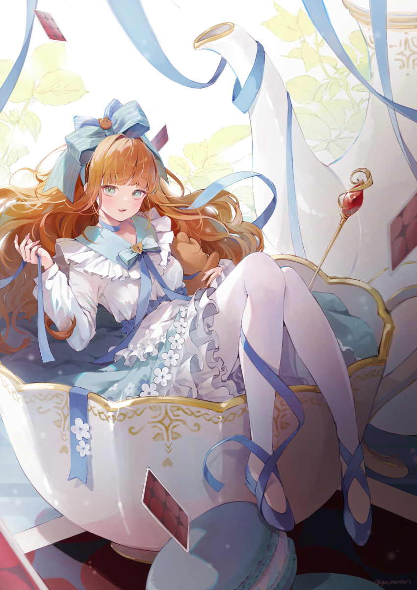 1girl :d absurdres ankle_ribbon baby_blue blue_bow blue_bowtie blue_eyes blue_footwear blue_ribbon blue_skirt bow bowtie card collar cup floating_card floating_hair floral_print food frilled_collar frilled_shirt frilled_skirt frills full_body hair_bow hand_up highres holding holding_stuffed_toy in_container in_cup keyhole knees_up layered_skirt leg_ribbon long_hair long_sleeves looking_at_viewer macaron miniskirt orange_hair oversized_food oversized_object pantyhose plant playing_card print_skirt reverse:1999 ribbon scepter shirt sitting skirt smile solo stuffed_animal stuffed_toy teacup teapot teddy_bear very_long_hair white_background white_pantyhose white_shirt yw_marron
