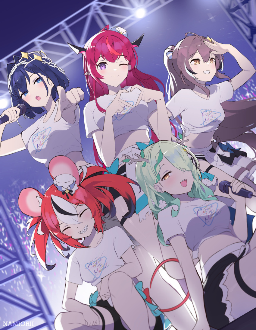 5girls absurdres ahoge animal_ears antlers black_hair black_shorts black_skirt blue_eyes blue_hair blush brown_eyes brown_hair ceres_fauna closed_eyes closed_mouth green_hair hair_over_one_eye hakos_baelz heart heart_hands highres holding holding_microphone holocouncil hololive hololive_english hololive_idol_uniform_(bright) horns irys_(hololive) long_hair microphone mouse_ears mouse_girl mouse_tail multicolored_hair multiple_girls namiorii nanashi_mumei official_alternate_costume open_mouth ouro_kronii pointing pointing_at_viewer pointy_ears ponytail redhead sharp_teeth shirt shorts skirt smile streaked_hair tail teeth thigh_strap twintails two-tone_hair violet_eyes virtual_youtuber white_hair white_shirt yellow_eyes