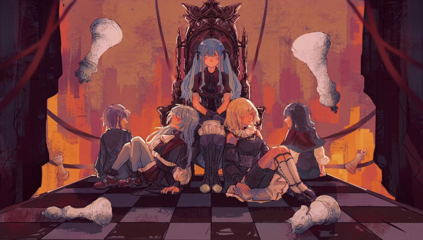 5girls ascot ave_mujica_(bang_dream!) bang_dream! bang_dream!_it's_mygo!!!!! bishop_(chess) black_ascot black_capelet black_footwear black_gloves black_ribbon black_shirt black_shorts blonde_hair blue_hair boots capelet chess_piece chessboard closed_eyes closed_mouth clothing_cutout collared_shirt commentary_request expressionless full_body gloves hair_ribbon highres king_(chess) kita_no_shinya knee_boots kneehighs knight_(chess) long_hair long_sleeves looking_at_viewer medium_hair misumi_uika multiple_girls pantyhose pawn_(chess) purple_hair queen_(chess) red_background red_capelet red_footwear red_shirt ribbon rook_(chess) see-through see-through_sleeves shirt shoes short_hair short_sleeves shorts shoulder_cutout sitting sleeping smile socks throne togawa_sakiko two_side_up wakaba_mutsumi white_ascot white_shirt white_socks yahata_umiri yellow_eyes yuutenji_nyamu