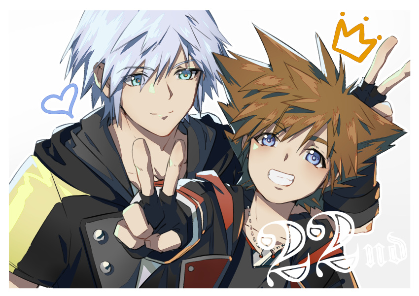 2boys absurdres anniversary black_gloves black_jacket black_shirt blue_eyes blue_hair brown_hair chinese_commentary commentary_request crown fermium.ice fingerless_gloves gloves gradient_background grin hand_up happy heart highres hood hood_down jacket jewelry kingdom_hearts kingdom_hearts_iii looking_at_another looking_at_viewer looking_down male_focus multiple_boys necklace pendant riku_(kingdom_hearts) shirt short_hair short_sleeves smile sora_(kingdom_hearts) spiky_hair upper_body v v-neck white_shirt