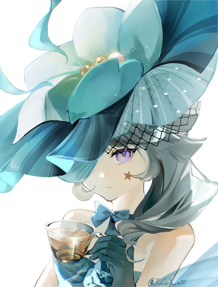 1girl aqua_choker aqua_gloves aqua_hat artist_name bare_shoulders choker commentary_request cup facial_tattoo genshin_impact gloves highres holding holding_cup light_brown_hair looking_at_viewer lynette_(genshin_impact) medium_hair one_eye_covered parted_lips ribbon_choker signature simple_background solo star_tattoo stella_(105_yoru) tattoo teacup upper_body violet_eyes white_background