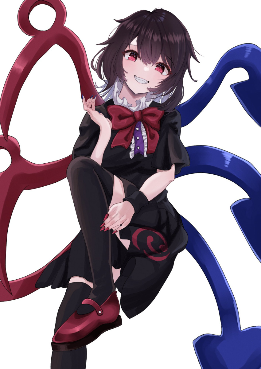 1girl asymmetrical_wings black_dress black_hair black_thighhighs black_wristband blue_nails blue_wings bow bowtie breasts center_frills commentary_request dress erisauria fang fingernails frills grin highres houjuu_nue mary_janes nail_polish red_bow red_bowtie red_eyes red_footwear red_nails red_wings shoes short_dress short_hair simple_background sitting small_breasts smile solo thigh-highs touhou white_background wings zettai_ryouiki