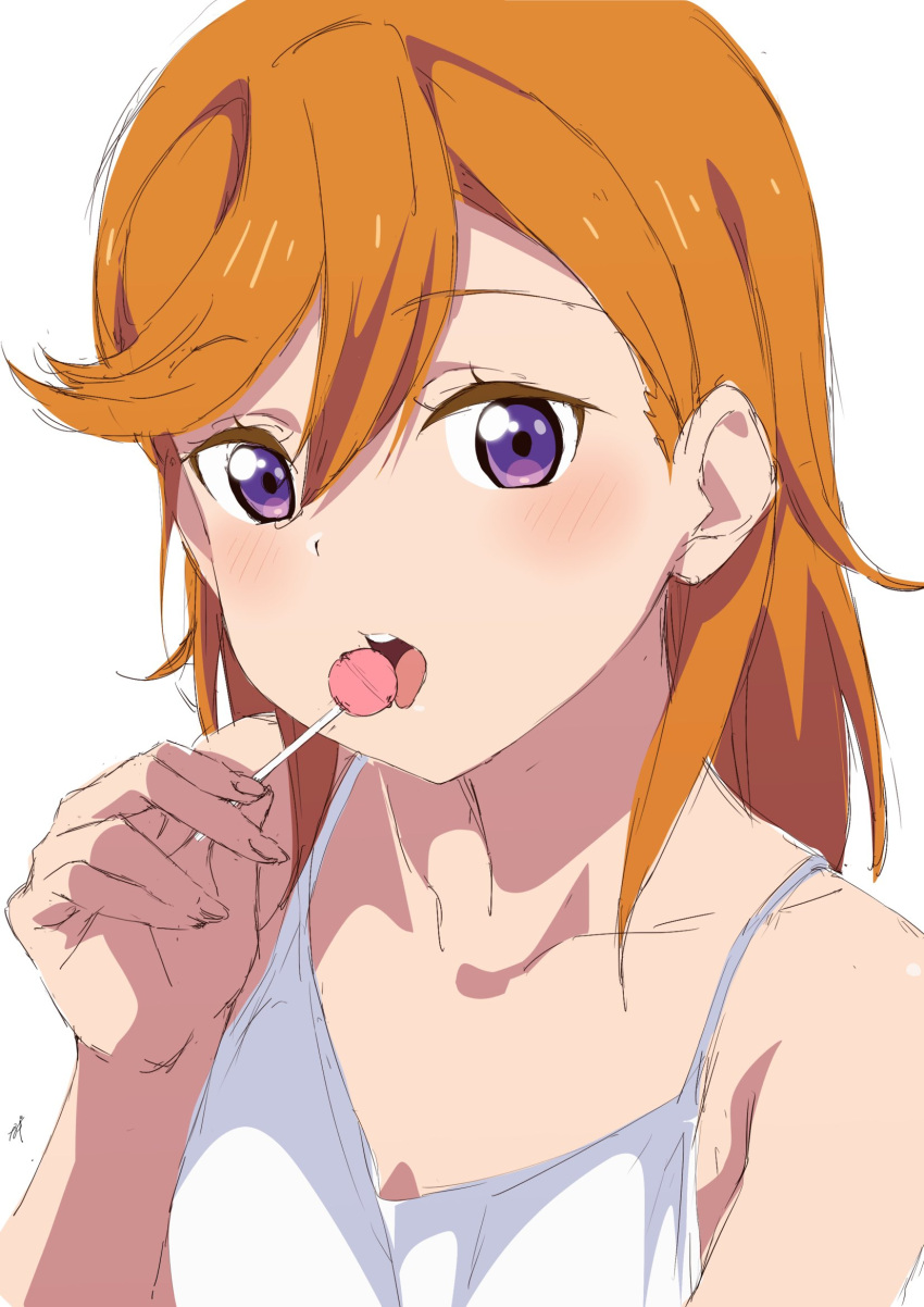 1girl candy food highres licking lollipop looking_at_viewer love_live! love_live!_superstar!! nagi_mkrnpn orange_hair shibuya_kanon shirt spaghetti_strap tongue tongue_out violet_eyes white_background white_shirt
