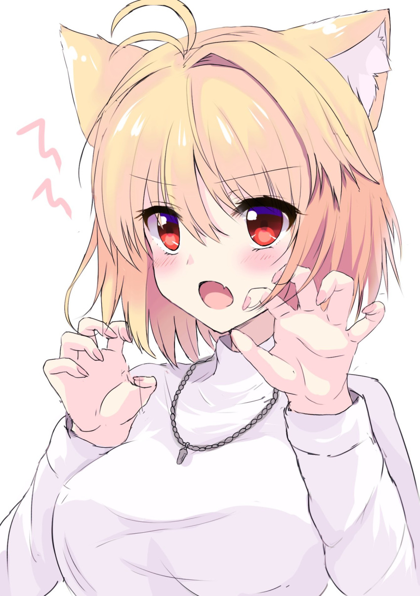 1girl :o animal_ear_fluff animal_ears antenna_hair arcueid_brunestud blonde_hair blush breasts cat_ears cat_girl claw_pose commentary_request eyes_visible_through_hair fang hair_between_eyes hands_up highres jewelry kemonomimi_mode large_breasts long_hair long_sleeves necklace open_mouth red_eyes shione_shiose shirt short_hair simple_background single_hair_intake skin_fang solo tsukihime turtleneck upper_body v-shaped_eyebrows white_background white_shirt