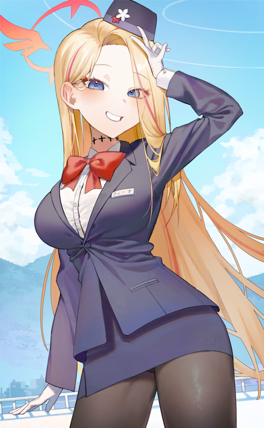 1girl absurdres black_hat black_pantyhose black_skirt blonde_hair blue_archive blue_eyes blush bow bowtie breasts collared_shirt cowboy_shot gloves grin hair_over_one_eye halo hat highres large_breasts long_hair long_sleeves looking_at_viewer may.l multicolored_hair official_alternate_costume pantyhose pina_(blue_archive) pina_(guide)_(blue_archive) red_bow red_bowtie red_halo redhead shirt skirt smile solo streaked_hair tour_guide v white_gloves white_shirt
