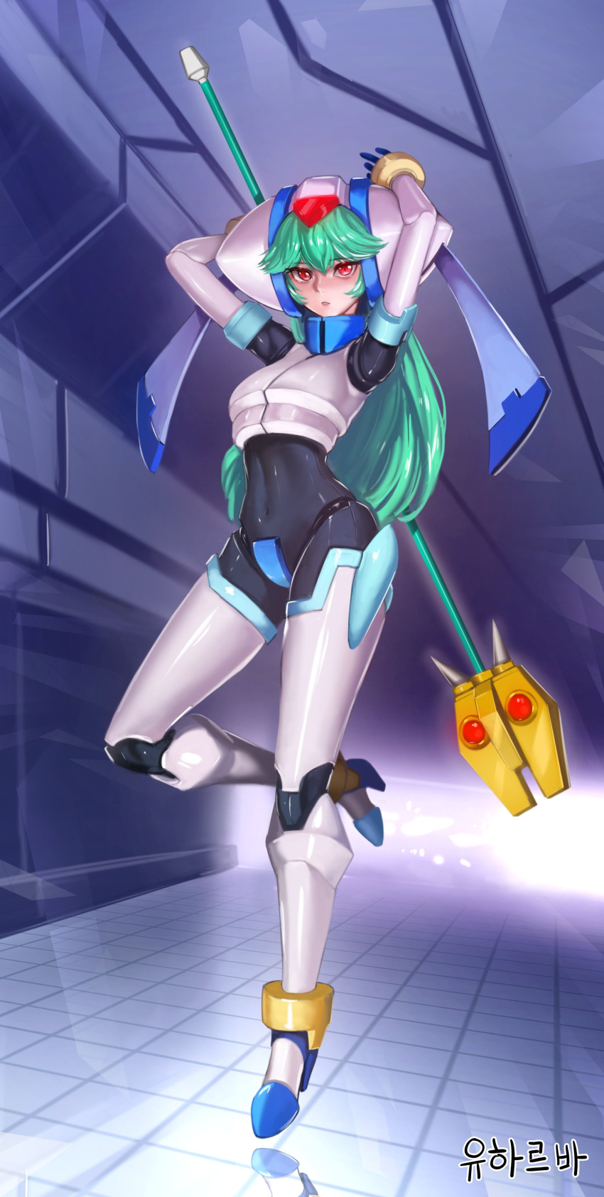 1girl absurdres armor black_bodysuit bodysuit breasts covered_navel crop_top crotch_plate forehead_jewel freckleliliofe full_body gem glowing green_hair highres holding holding_staff long_hair looking_at_viewer medium_breasts mega_man_(series) mega_man_zx pandora_(mega_man) power_armor red_eyes red_gemstone reflection solo staff white_armor white_helmet