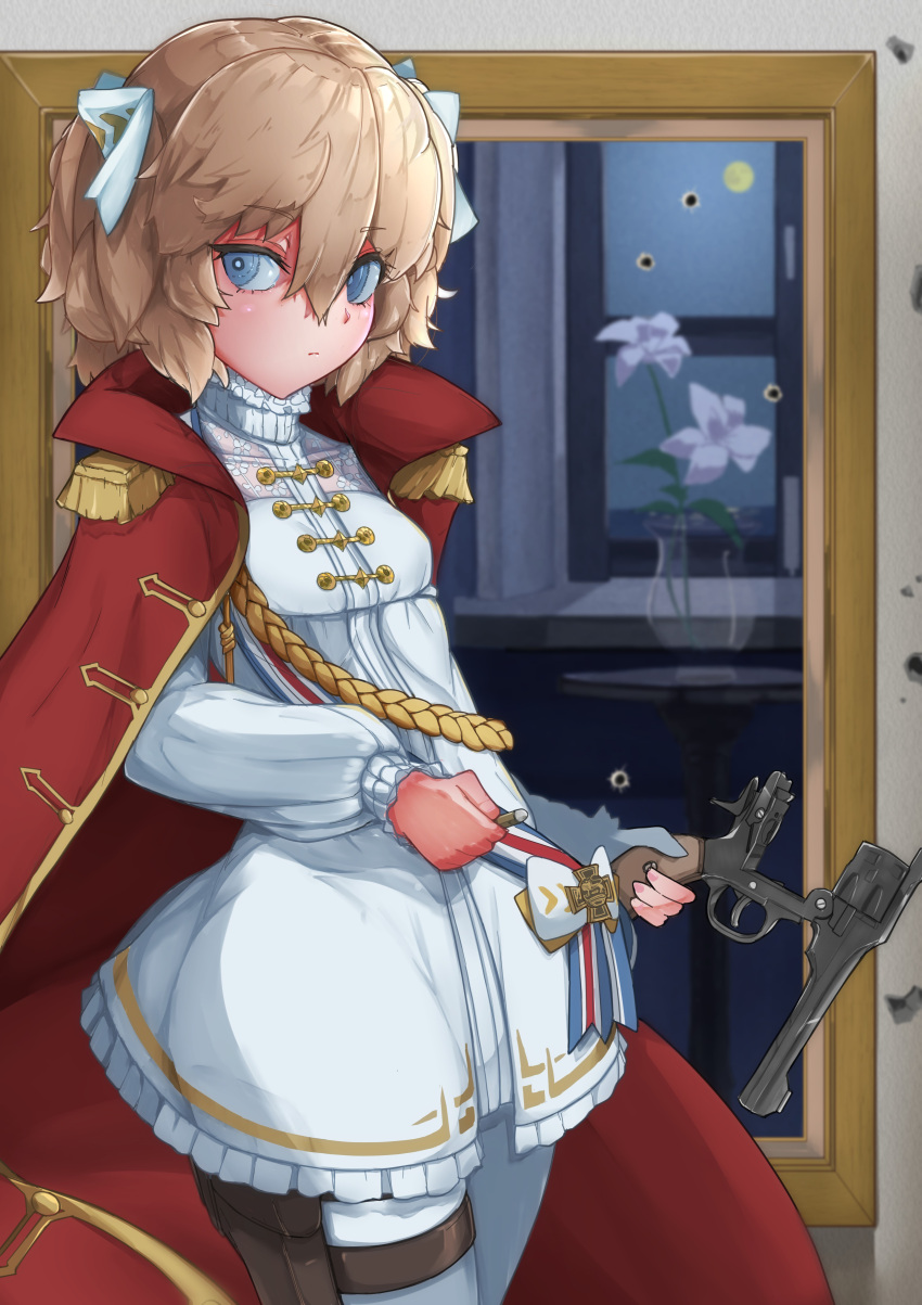 1girl absurdres blonde_hair blue_eyes bow cape cowboy_shot dress girls_frontline gun highres holding holding_gun holding_weapon legendkdt looking_at_viewer red_cape revolver solo weapon webley_(girls'_frontline) white_bow white_dress