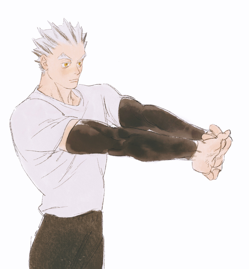 1boy arms_up black_pants bokuto_koutarou chengongzi123 closed_mouth colored_eyelashes cowboy_shot grey_hair haikyuu!! highres looking_to_the_side male_focus multicolored_hair pants shirt short_hair short_sleeves simple_background solo standing streaked_hair stretching t-shirt thick_eyebrows very_short_hair white_background white_hair white_shirt yellow_eyes