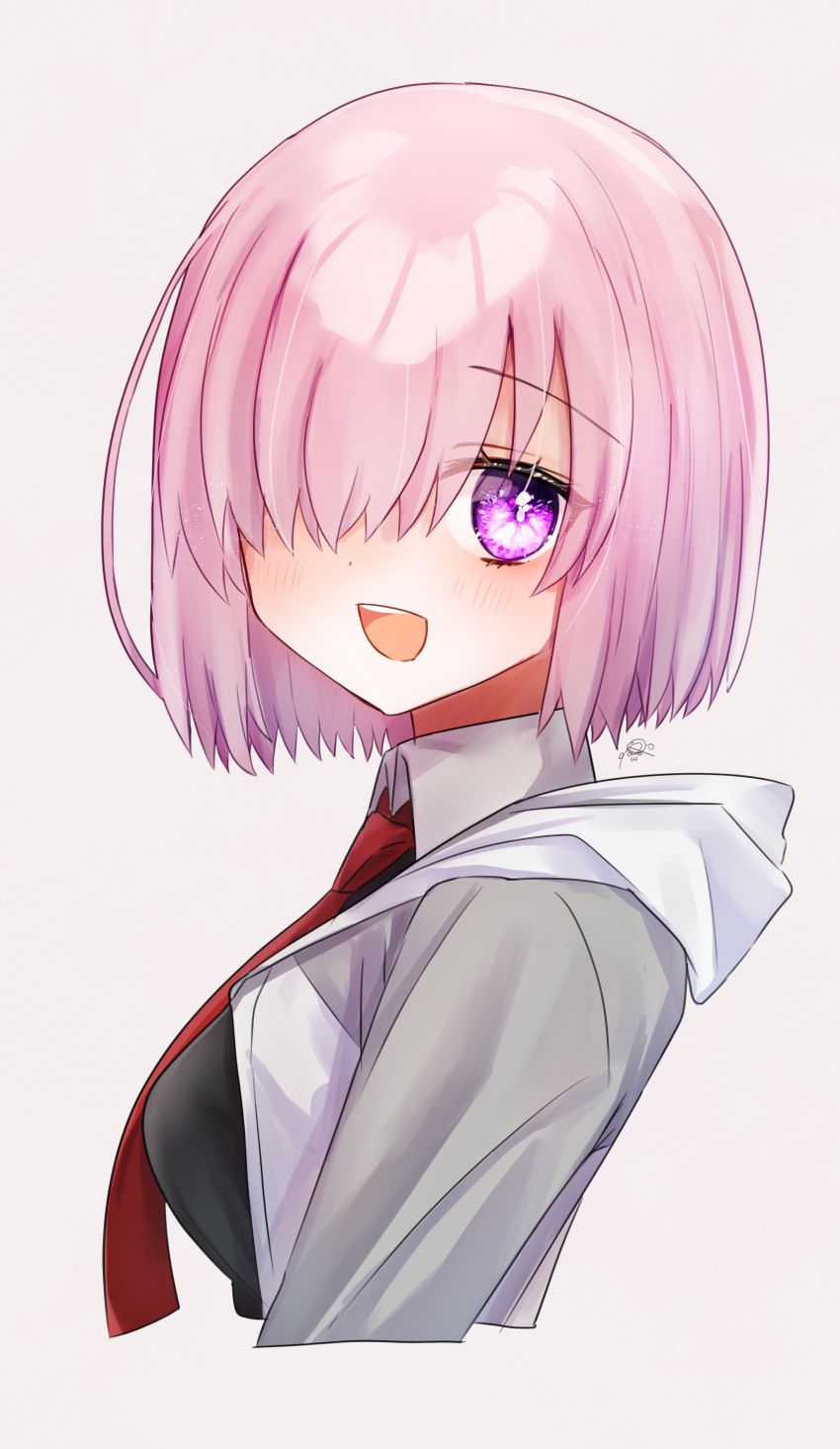 1girl :d absurdres blush cropped_arms cropped_torso fate/grand_order fate_(series) from_side grey_sleeves harukappa highres hood hood_down hooded_jacket jacket looking_at_viewer mash_kyrielight necktie open_clothes open_jacket open_mouth pink_hair raglan_sleeves red_necktie short_hair signature simple_background smile solo straight_hair upper_body violet_eyes white_background white_jacket