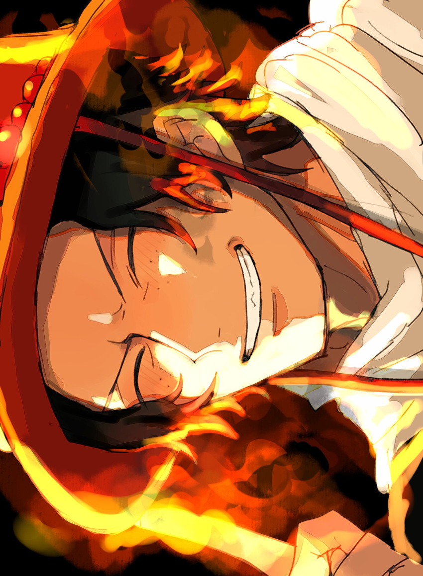 1boy ^_^ a00xm black_background black_hair blush close-up closed_eyes commentary finger_on_hat fire freckles hat highres male_focus one_piece orange_hat portgas_d._ace scarf short_hair smile solo white_scarf
