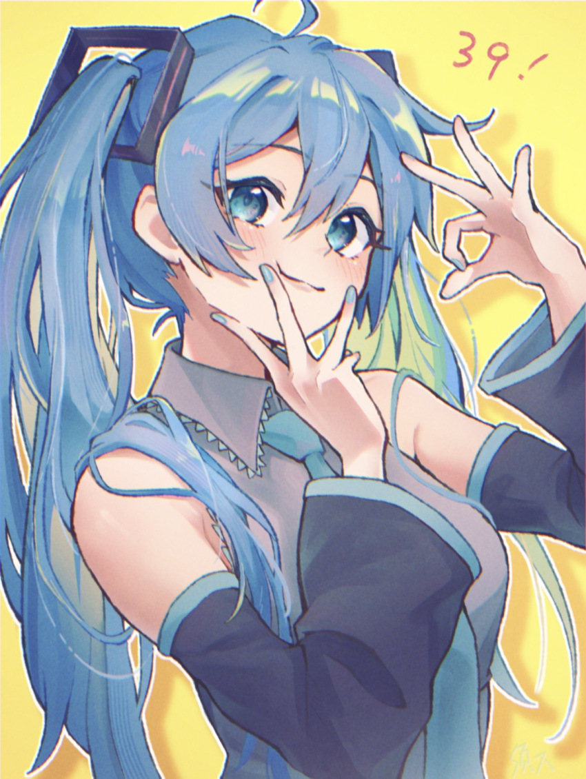 1girl 39 ahoge aqua_eyes aqua_hair aqua_necktie aqua_trim bare_shoulders black_sleeves blush closed_mouth collared_shirt commentary_request detached_sleeves fingersmile frilled_shirt frilled_shirt_collar frills grey_shirt hair_between_eyes hair_ornament hands_up haru1suama hatsune_miku highres long_hair long_sleeves looking_at_viewer nail_polish necktie ok_sign outline shirt sleeveless sleeveless_shirt smile twintails upper_body vocaloid white_outline yellow_background
