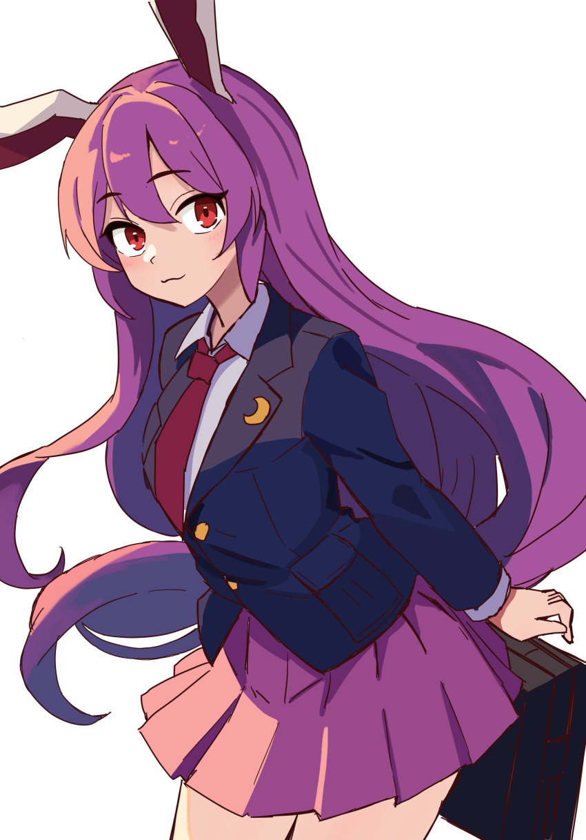 1girl :3 animal_ears black_jacket blazer buttons closed_jacket closed_mouth collared_shirt commentary_request crescent crescent_pin highres jacket kv-san long_hair long_sleeves looking_at_viewer miniskirt necktie pink_skirt pleated_skirt purple_hair rabbit_ears rabbit_tail red_eyes red_necktie reisen_udongein_inaba shirt simple_background skirt smile solo tail touhou very_long_hair white_background white_shirt