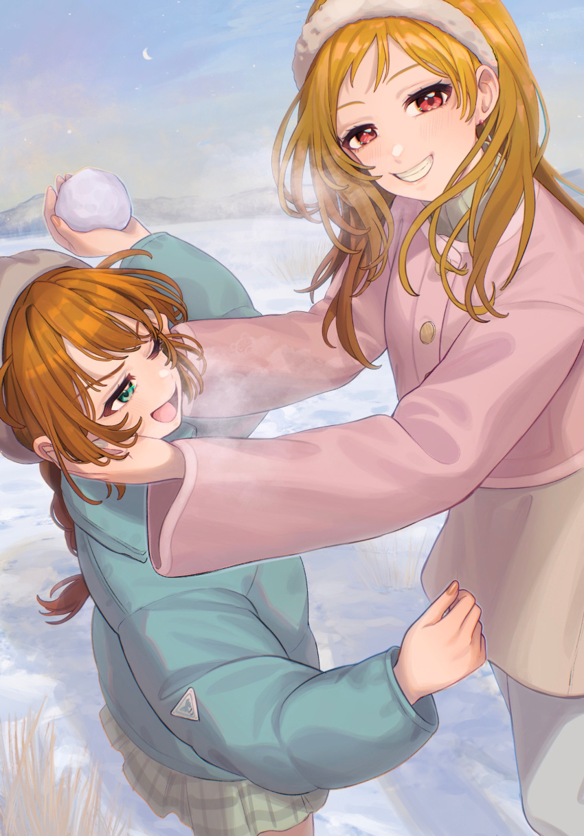 2girls :d absurdres arm_up baba_konomi blonde_hair blue_jacket blue_nails blush braid braided_ponytail breath commentary_request crescent_moon earrings gingham_skirt gradient_hair green_eyes green_skirt grey_hat grin hair_over_shoulder hairband hands_up hat highres holding_another's_head holding_snowball idolmaster idolmaster_million_live! idolmaster_million_live!_theater_days jacket jewelry long_hair long_sleeves looking_at_another looking_at_viewer looking_to_the_side miniskirt momose_rio moon multicolored_hair multiple_girls nail_polish one_eye_closed open_mouth orange_hair outdoors pantyhose pink_jacket pink_nails red_eyes skirt sky smile snow standing star_(sky) tanupon thick_eyelashes turning_head v-shaped_eyebrows white_hairband white_pantyhose white_skirt wide_sleeves