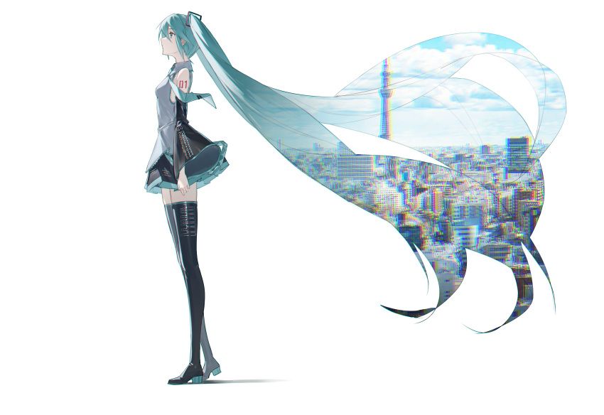 1girl absurdres black_footwear black_skirt black_sleeves blue_hair blue_sky boots cityscape clouds cloudy_sky detached_sleeves double_exposure from_side full_body hair_ornament hatsune_miku highres long_hair number_tattoo oneselt puffy_sleeves shirt skirt sky sleeveless sleeveless_shirt solo standing sumida_(tokyo) tattoo thigh_boots tokyo_(city) tokyo_skytree twintails very_long_hair vocaloid white_background white_shirt