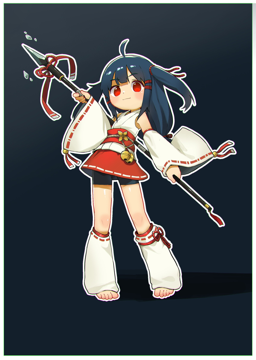 1girl absurdres ahoge barefoot bike_shorts black_background blue_hair border closed_mouth commentary_request dot_nose full_body highres holding holding_polearm holding_weapon japanese_clothes kuma-bound leg_warmers long_hair miko original polearm red_eyes simple_background smile solo spear standing weapon white_border wide_sleeves