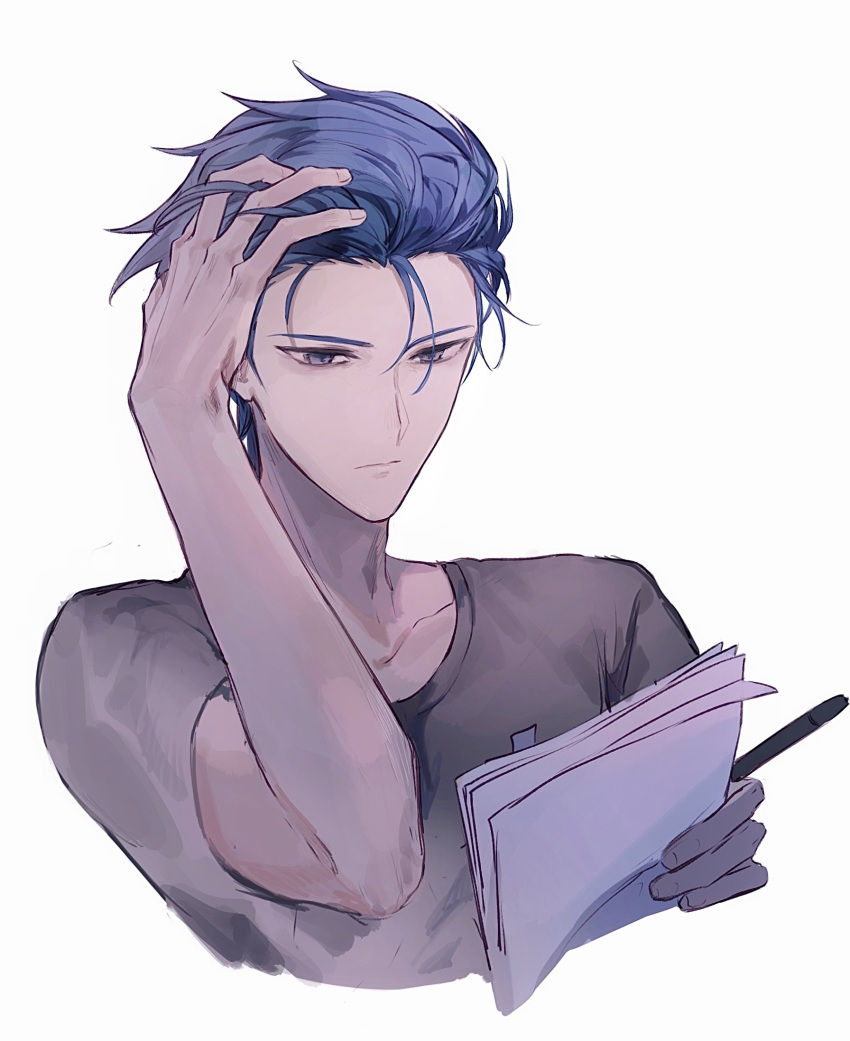 1boy alternate_costume antinomy bad_id bad_lofter_id blue_hair cropped_torso expressionless grey_eyes grey_shirt hair_slicked_back hand_in_own_hair hand_on_own_head highres holding holding_paper holding_pen looking_down male_focus naoki_(2rzmcaizerails6) paper pen shirt short_hair simple_background solo t-shirt upper_body white_background yu-gi-oh! yu-gi-oh!_5d's