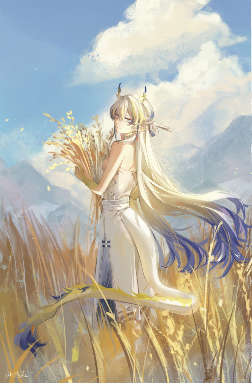 1girl absurdres arknights bare_shoulders blonde_hair blue_eyes blue_hair blue_horns blue_tail chinese_commentary closed_mouth commentary_request day dragon_girl dragon_horns dragon_tail field from_behind full_body guoziqiqi hair_between_eyes highres holding holding_plant horns light_smile long_hair looking_at_viewer looking_back multicolored_hair no_jacket outdoors plant sheaf shu_(arknights) skirt solo standing strapless sunlight tail tube_top turning_head very_long_hair wheat wheat_field white_hair white_horns white_skirt white_tail white_tube_top wind yellow_horns yellow_tail