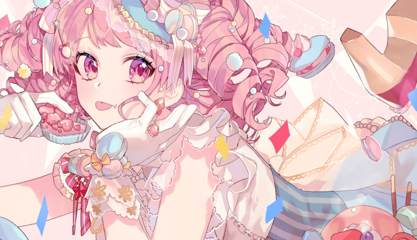 1girl bang_dream! bare_arms blue_skirt commentary_request drill_hair earrings food fresa_pie gloves hair_ornament hat heart-shaped_food high-waist_skirt high_heels holding holding_food jewelry legs_up looking_at_viewer lying macaron maruyama_aya mini_hat on_stomach pink_eyes pink_hair pocky shirt skirt solo striped_clothes striped_skirt the_pose tongue tongue_out white_gloves white_shirt