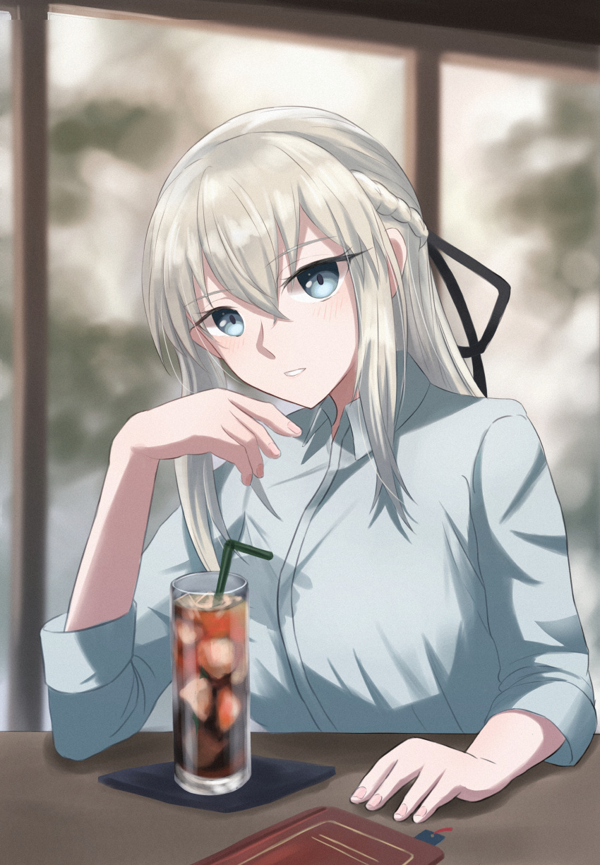 1girl absurdres blue_eyes blush book braid breasts closed_mouth coffee_mug collared_shirt cup fate/grand_order fate_(series) french_braid grey_hair highres large_breasts long_hair long_sleeves looking_at_viewer morgan_le_fay_(fate) mug ponytail shirt sidelocks solo user_neks5523 very_long_hair