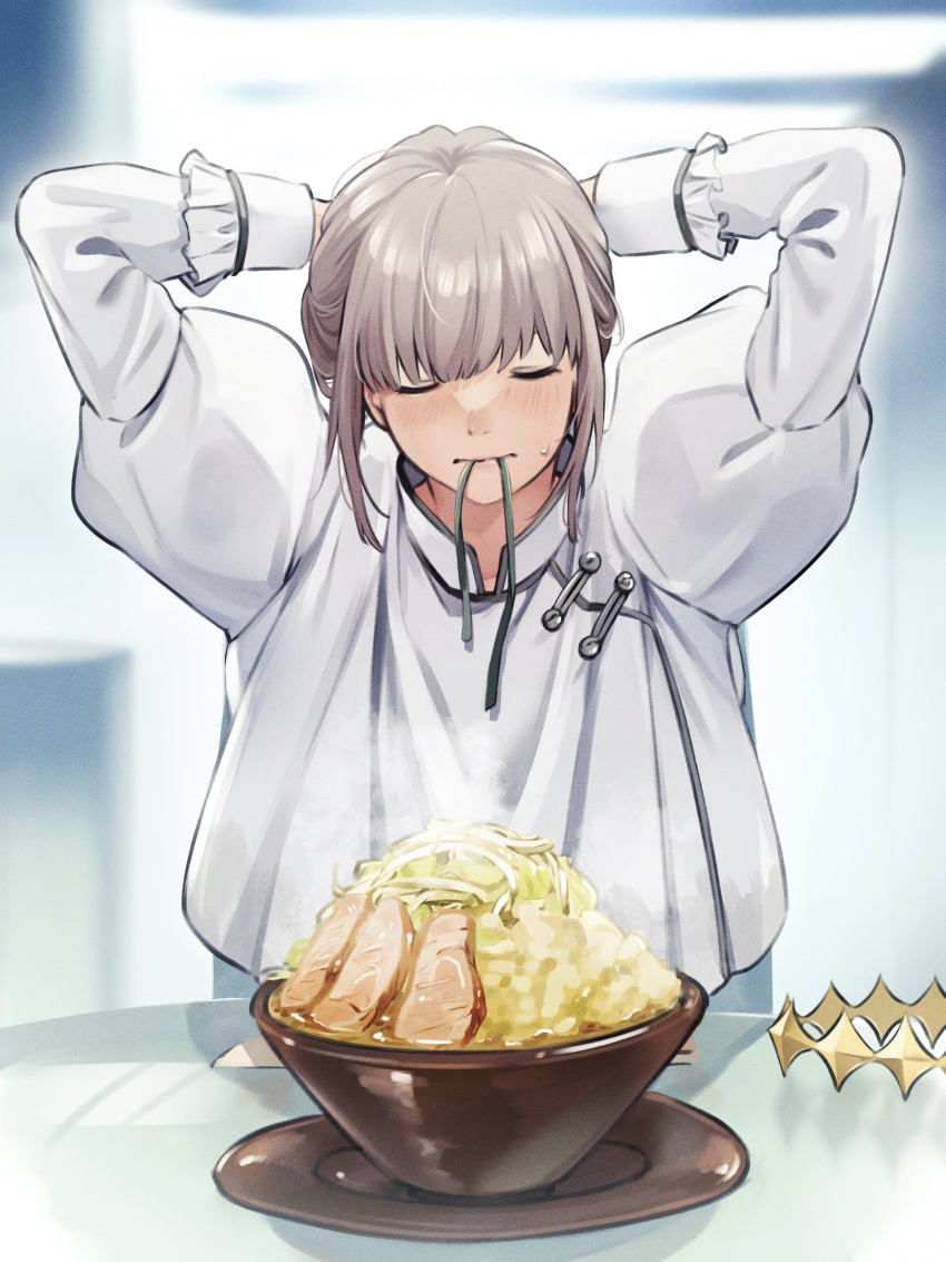 1boy adjusting_hair arms_up blush bowl closed_eyes closed_mouth facing_viewer fate/grand_order fate_(series) food grey_hair highres juliet_sleeves long_sleeves male_focus mouth_hold noodles oberon_(fate) plate puffy_sleeves ramen sausu_hitori solo sweat table