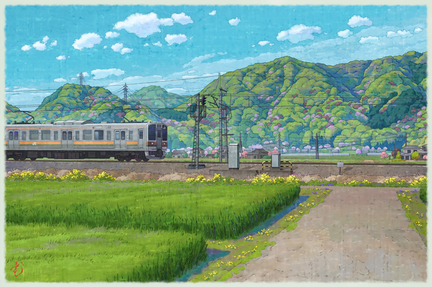 artist_name blue_sky bush clouds commentary_request day east_japan_railway_company field forest grass hill house mountain mugumo_24k nature no_humans original outdoors overhead_line power_lines revision road scenery signature sky tochigi_prefecture train transmission_tower utility_pole village