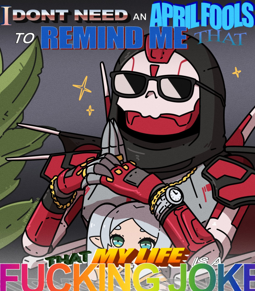 1boy apex_legends bracelet character_doll english_commentary frieren frown highres humanoid_robot jewelry microsoft_office miyan_(oceanmaiden) own_hands_together plant revenant_(apex_legends) robot sitting sousou_no_frieren sunglasses watch watch wordart