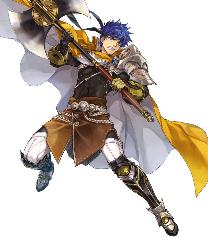 1boy armor axe blonde_hair blue_eyes brooch cape fighting_stance fire_emblem fire_emblem:_path_of_radiance fire_emblem_heroes gloves hagiya_kaoru headband highres holding holding_axe ike_(brave_mercenary)_(fire_emblem) ike_(fire_emblem) jewelry male_focus non-web_source official_art short_hair shoulder_armor solo tight_clothes toned toned_male two-sided_cape two-sided_fabric white_cape yellow_cape