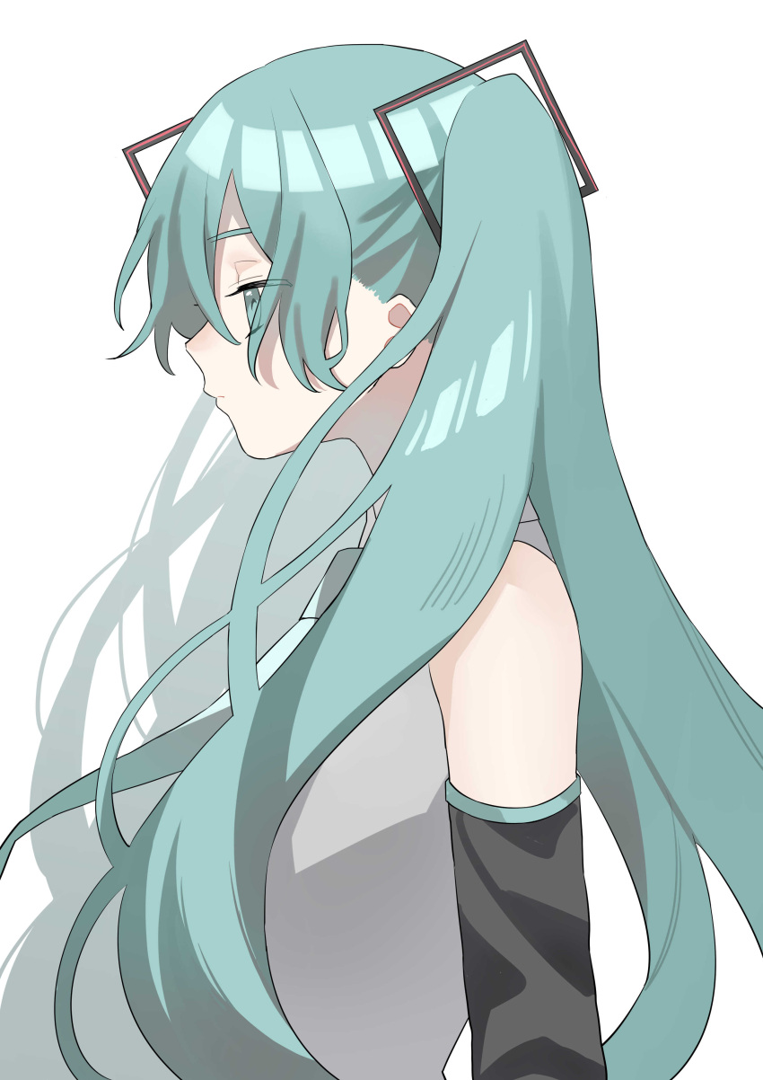 1girl absurdres blue_eyes detached_sleeves expressionless from_side hair_ornament hatsune_miku highres long_hair necktie nitsuki_09 profile shirt sleeveless sleeveless_shirt solo twintails upper_body very_long_hair vocaloid
