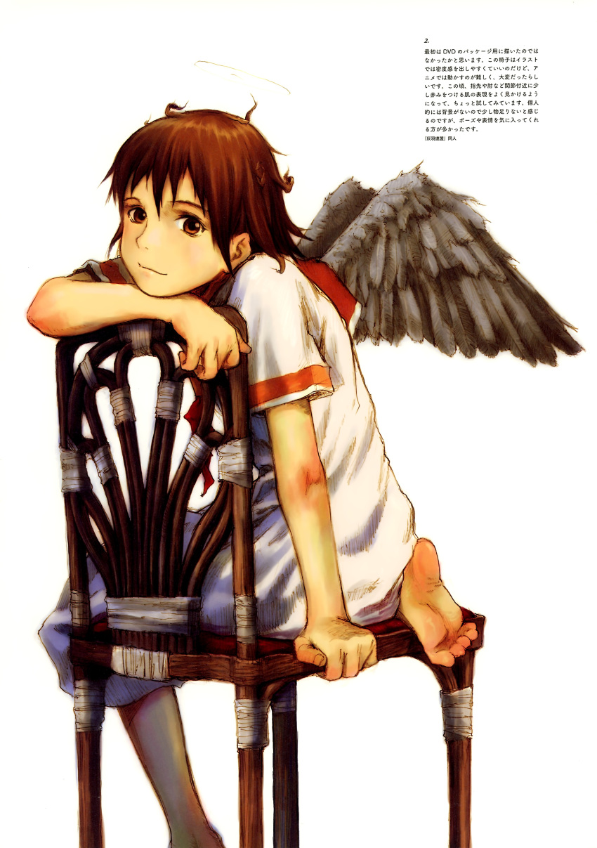 1girl abe_yoshitoshi absurdres angel angel_wings bare_arms barefoot brown_eyes brown_hair brown_sailor_collar chair feathered_wings feet grey_wings haibane_renmei halo head_rest highres messy_hair neckerchief non-web_source orange_sailor_collar rakka_(haibane) red_neckerchief sailor_collar shirt short_hair short_sleeves simple_background sitting soles solo toes translation_request white_shirt wings