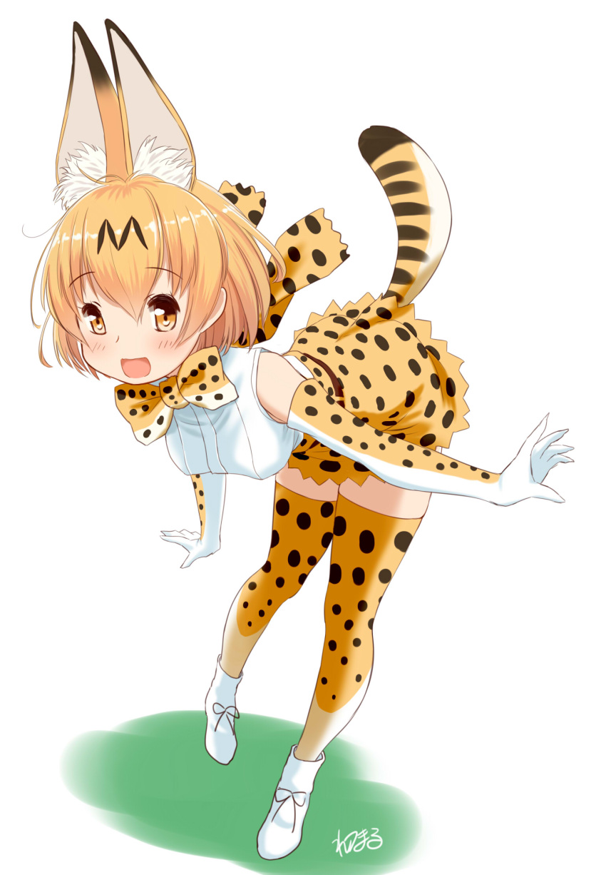 1girl animal_ears artist_name blonde_hair bow bowtie commentary elbow_gloves extra_ears gloves high-waist_skirt highres kemono_friends leaning_forward looking_at_viewer miniskirt open_mouth print_bow print_bowtie print_gloves print_thighhighs retsumaru serval_(kemono_friends) serval_print shirt shoes short_hair signature simple_background skirt sleeveless sleeveless_shirt smile solo standing tail thigh-highs white_background white_footwear white_shirt yellow_bow yellow_bowtie yellow_eyes yellow_gloves yellow_skirt yellow_thighhighs