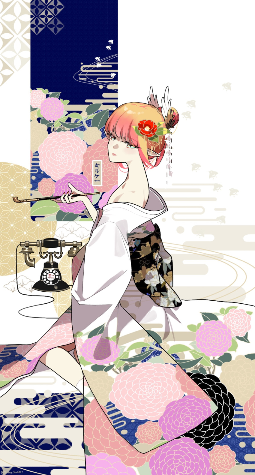 1girl alternate_costume alternate_hairstyle antique_phone blush circe_(fate) fate/grand_order fate_(series) feathered_wings hair_bun head_wings highres holding holding_smoking_pipe japanese_clothes jewelry kimono looking_at_viewer monkey_jon pink_hair pointy_ears single_hair_bun smoking_pipe solo wings