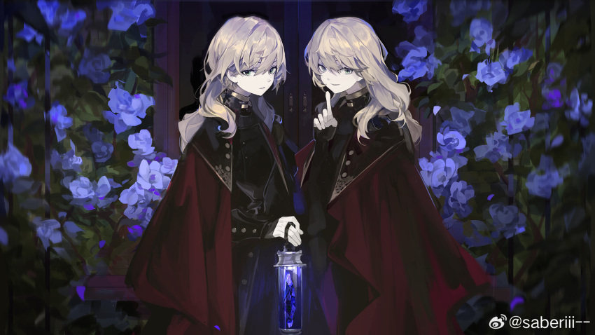 2girls black_coat black_sleeves blonde_hair bush buttons chinese_commentary cloak coat commentary_request cowboy_shot door expressionless finger_to_own_chin flower grey_eyes highres holding holding_lantern lantern long_hair long_sleeves looking_at_viewer multiple_girls original parted_lips purple_flower red_cloak saberiii smile turtleneck turtleneck_coat watermark weibo_logo weibo_username