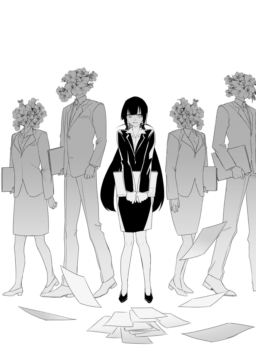 bags_under_eyes bouquet closed_mouth collared_shirt expressionless flower flying_paper folder greyscale high_heels highres hogi_(user_kvsm8422) holding holding_folder inabakumori jitome long_hair looking_at_viewer low_twintails monochrome object_head osage_(nukunuku_nigirimeshi) paper people shirt simple_background skirt standing suit teeth twintails white_background
