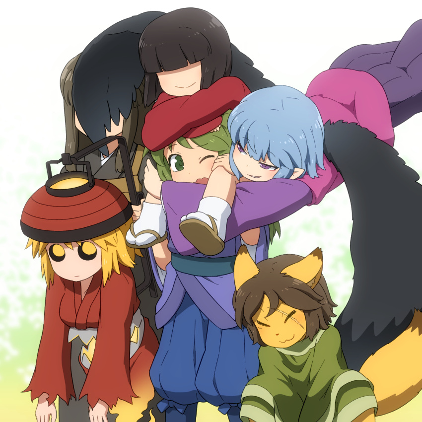 1boy 5girls :3 animal_ears black_hair black_wings blonde_hair blue_hair blue_pants blunt_bangs blush bob_cut borrowed_character brown_footwear brown_hair carrying chouchin_obake closed_mouth commentary_request expressionless feathered_wings feet_out_of_frame fox_ears fox_girl fox_tail ghost_tail green_eyes green_hair green_kimono highres hollow_eyes hug japanese_clothes kimono kitsune long_hair looking_at_another looking_to_the_side medium_hair multiple_girls open_mouth original pants piggyback pointy_ears purple_shirt red_kimono sandals scar scar_across_eye shirosato shirt short_hair smile socks tabi tail walking white_socks wings zouri