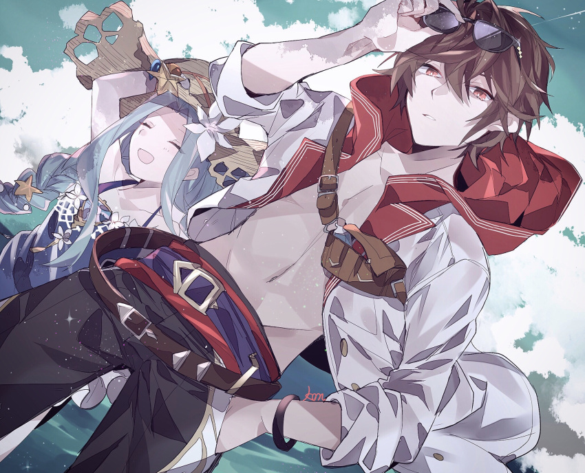 adjusting_eyewear ahoge belt blue_dress bracelet braid brown_hair closed_eyes clouds cloudy_sky commentary commentary_request cowboy_shot dress eyewear_on_head granblue_fantasy groin hair_between_eyes hand_in_pocket hat highres hood hood_down jacket jewelry long_hair looking_at_viewer lyria_(granblue_fantasy) messy_hair midriff misato_karuha open_mouth parted_lips pectorals red_eyes sandalphon_(granblue_fantasy) short_hair sky smile sun_hat sundress twin_braids white_jacket