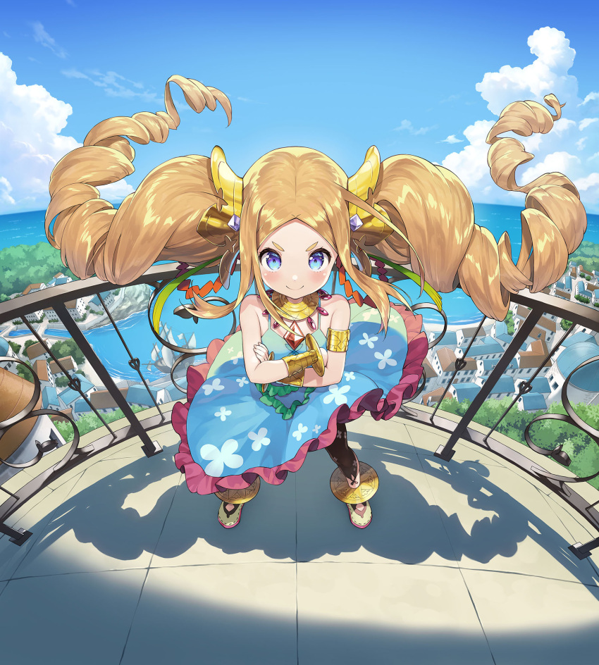 1girl armlet artist_request balcony bare_shoulders big_hair blonde_hair blue_eyes blue_sky blush clouds crossed_arms dress drill_hair flat_chest floating_hair full_body heart_of_crown highres horizon long_hair looking_at_viewer ocean official_art outdoors parted_lips railing second-party_source sky smile solo town twin_drills