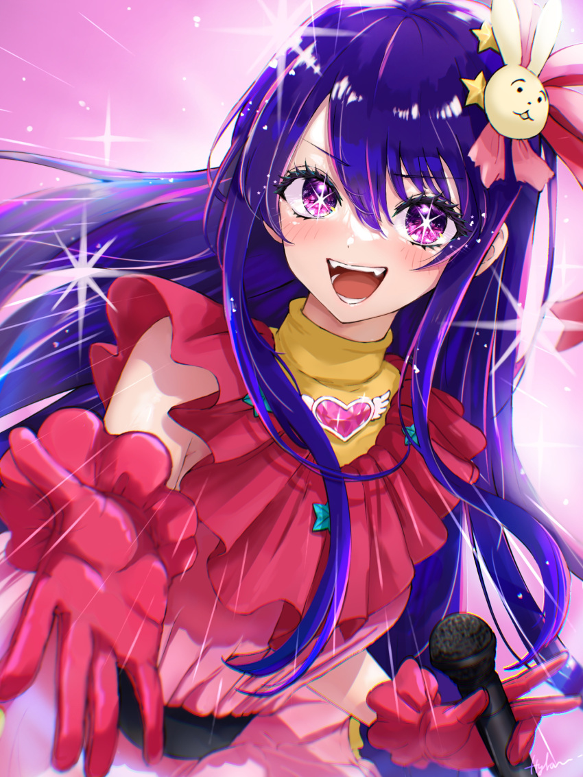 1girl :d bare_shoulders blush commentary emphasis_lines eyelashes eyes_visible_through_hair fangs floating_hair glint gloves hair_between_eyes hair_ornament hair_ribbon heart-shaped_ornament highres holding holding_microphone hoshino_ai_(oshi_no_ko) hylran0427 idol idol_clothes long_hair looking_at_viewer microphone open_mouth oshi_no_ko outstretched_hand pink_background pink_gloves pink_ribbon pink_shirt purple_hair rabbit_hair_ornament reaching reaching_towards_viewer ribbon shirt sidelocks simple_background smile solo sparkle star-shaped_pupils star_(symbol) star_hair_ornament straight_hair symbol-shaped_pupils teeth tsurime upper_body v v-shaped_eyebrows very_long_hair violet_eyes