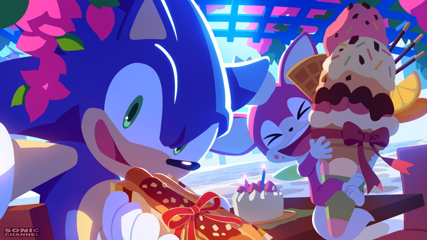 big_the_cat candle chip_(sonic) commentary_request fairy_wings food food_on_face gloves green_eyes hot_dog ice_cream ice_cream_cone looking_at_viewer male_focus open_mouth outdoors sonic_(series) sonic_the_hedgehog sonic_unleashed sprinkles table trellis uno_yuuji white_gloves wings