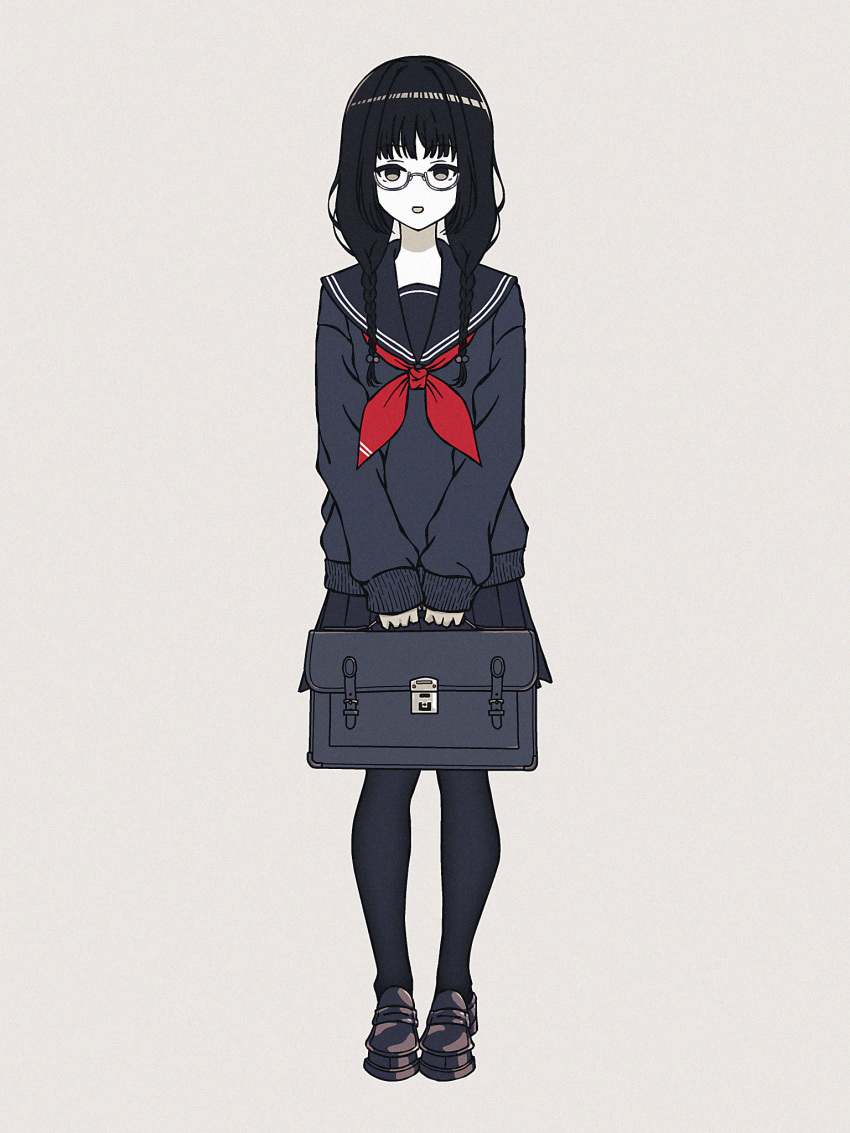 1girl :d amemori_sayo arm_at_side bag black_eyes black_footwear black_hair black_pantyhose black_sailor_collar black_shirt book braid full_body glasses hair_over_shoulder highres holding holding_bag loafers long_hair long_sleeves looking_at_viewer low_twin_braids neckerchief nijisanji nkymyura open_mouth own_hands_together pantyhose red_neckerchief sailor_collar school_bag semi-rimless_eyewear shirt shoes simple_background smile solo straight-on twin_braids virtual_youtuber white_background