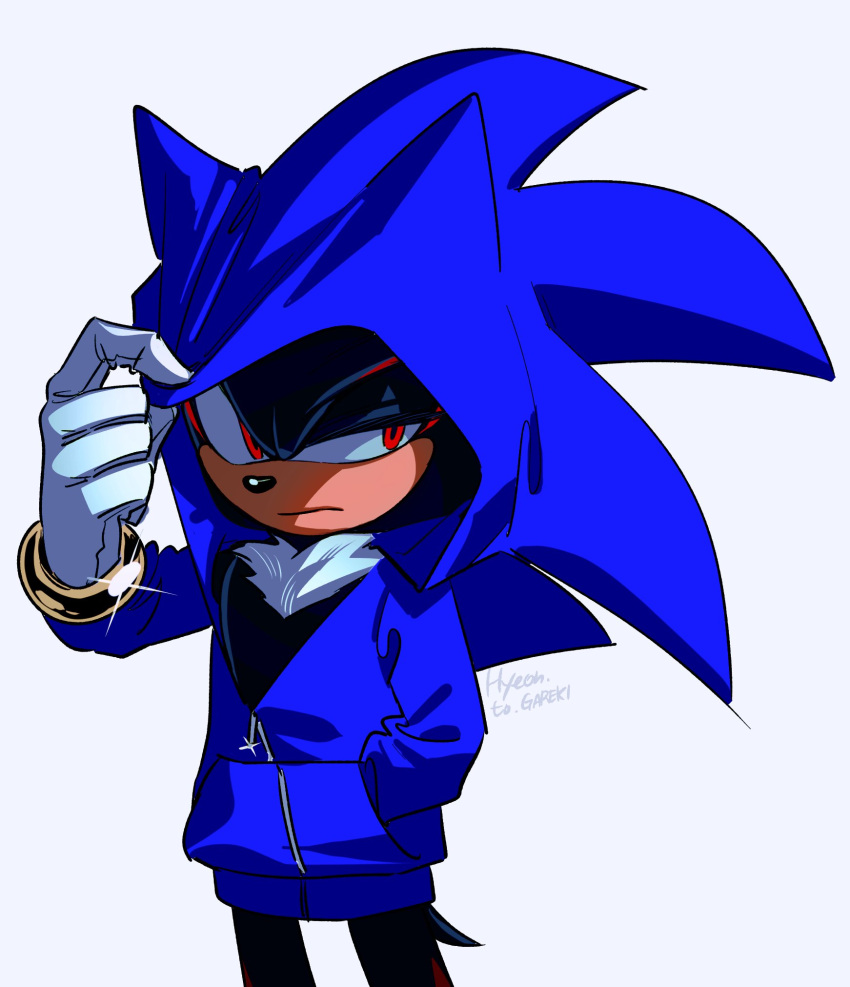 1boy adjusting_clothes blue_hoodie commentary frown furry furry_male hand_in_pocket highres hood hoodie hyeon_sonic male_focus red_eyes shadow_the_hedgehog simple_background solo symbol-only_commentary white_background