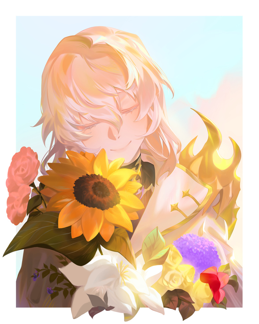 1boy androgynous armor bishounen blue_sky border bouquet closed_eyes clouds day facing_viewer final_fantasy final_fantasy_xiv flower highres holding holding_bouquet leaf male_focus medium_hair nokto outdoors outside_border pauldrons red_flower red_rose rose shoulder_armor single_pauldron sky smile solo sunflower themis_(ff14) upper_body white_border white_flower white_hair yellow_flower yellow_rose
